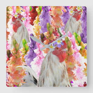 Roosters And Hollyhock Flowers, Quadratische Wanduhr