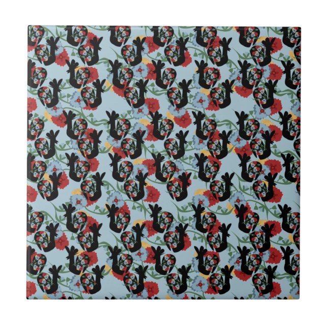 Roosters Folk Floral mexikanisches Muster Fliese (Vorderseite)