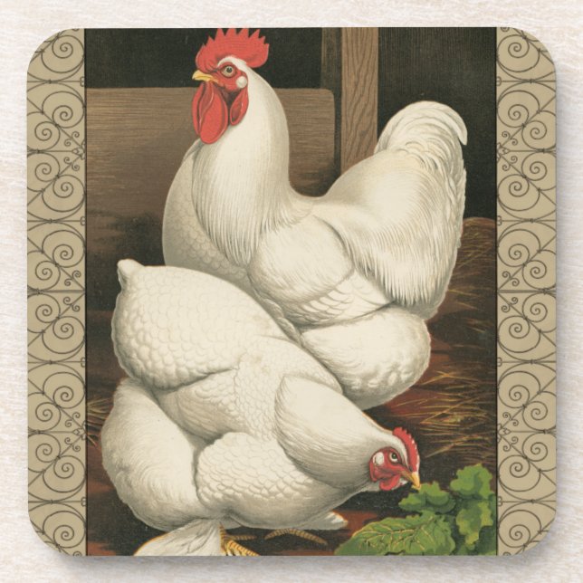 Roosters & Hen außerhalb von Hen House mit weißer  Getränkeuntersetzer (Vorderseite)