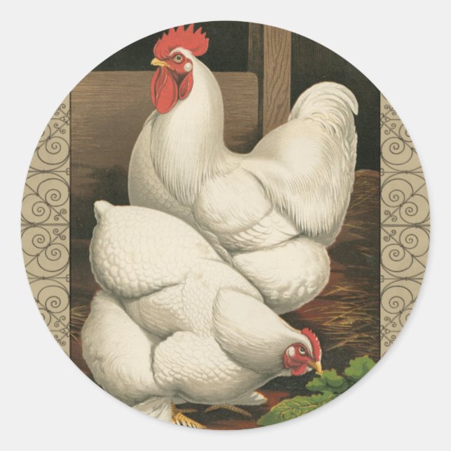 Roosters & Hen außerhalb von Hen House mit weißer  Runder Aufkleber (Vorderseite)