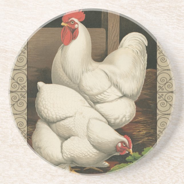 Roosters & Hen außerhalb von Hen House mit weißer  Sandstein Untersetzer (Vorne)