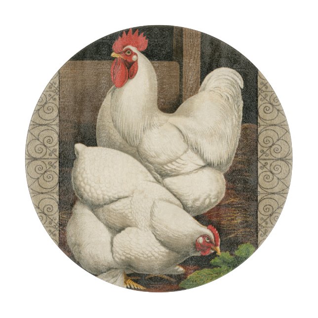 Roosters & Hen außerhalb von Hen House mit weißer  Schneidebrett (Vorderseite)