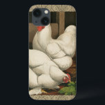 Roosters & Hen outside Hen House with White Border Case-Mate iPhone Hülle<br><div class="desc">A rustic art print displaying a vigorous rooster and a hen in a hen house. Darc ecru border is pattern consists of spiral elements. This print would be a gread addition to a rural country home decoration.</div>