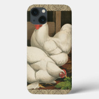 Roosters & Hen outside Hen House with White Border