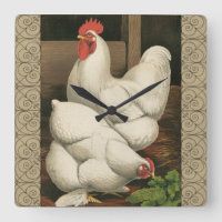 Roosters & Hen outside Hen House with White Border