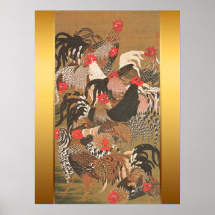 Roosters Japanisches Gemälde mit goldenem Hintergr Poster