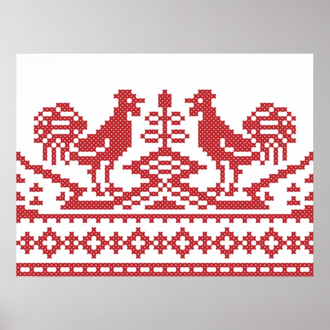 Roosters Kreuzstich Russisches Muster Poster (Vorne)