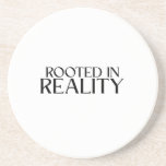 Rooted In Reality Minimalist Typewriter Getränkeuntersetzer<br><div class="desc">Protect your surface and your sanity. Sandstone coaster with high-contrast typewriter typography to keep your workspace clean and grounded.</div>