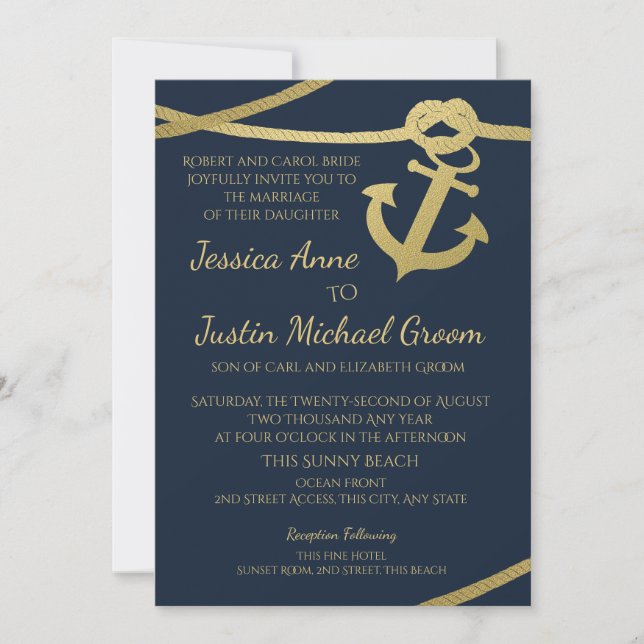 Rope Anchor Gold und Navy Blue Wedding Einladung (Vorderseite)