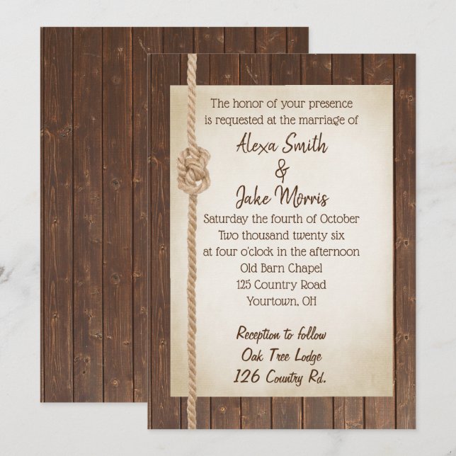 Rope Knot On Wood Wedding Invitation (Devant / Derrière)