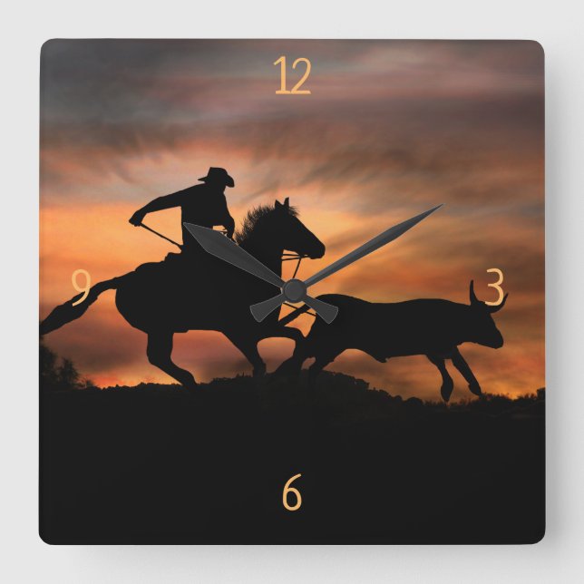 Roping Cowboy Horse and Steer Country Western Quadratische Wanduhr (Vorderseite)