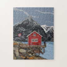 Rorbu Lofoten Bergen Norwegen Landschaftsbild Illu