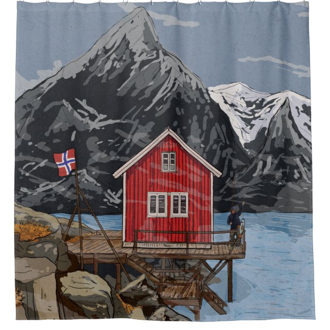Rorbu Lofoten Bergen Norwegen Landschaftsbild Illu Duschvorhang (Vorderseite)