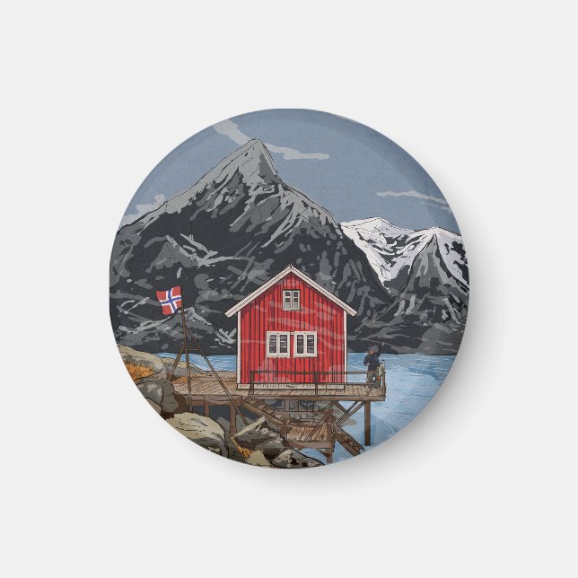 Rorbu Lofoten Bergen Norwegen Landschaftsbild Illu Magnet (Vorne)