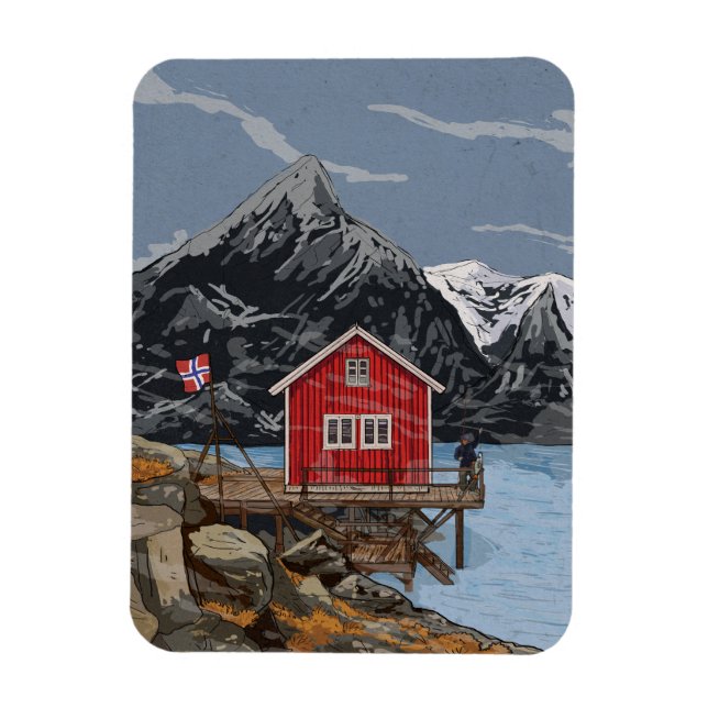 Rorbu Lofoten Bergen Norwegen Landschaftsbild Illu Magnet (Vertikal)