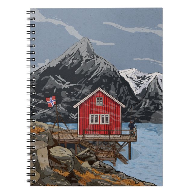 Rorbu Lofoten Bergen Norwegen Landschaftsbild Illu Notizblock (Vorderseite)