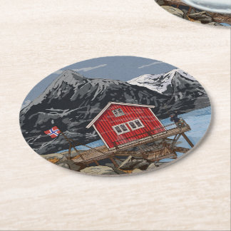 Rorbu Lofoten Bergen Norwegen Landschaftsbild Illu Runder Pappuntersetzer