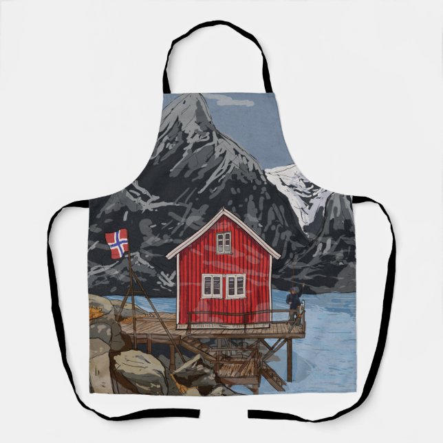 Rorbu Lofoten Bergen Norwegen Landschaftsbild Illu Schürze (Vorderseite)