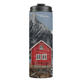Rorbu Lofoten Bergen Norwegen Landschaftsbild Illu Thermosbecher