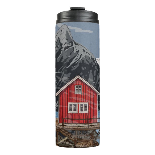 Rorbu Lofoten Bergen Norwegen Landschaftsbild Illu Thermosbecher (Vorderseite)