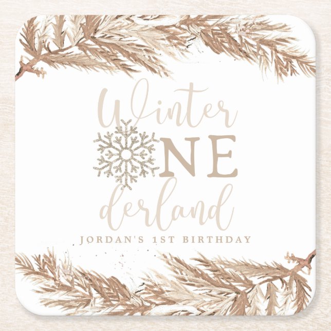 RORY Boho Beige Winter Wonderland Erster Geburtsta Rechteckiger Pappuntersetzer (Vorderseite)