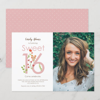 Rosa 16 . Geburtstag mit Aquarellfarben-Blume Einladung