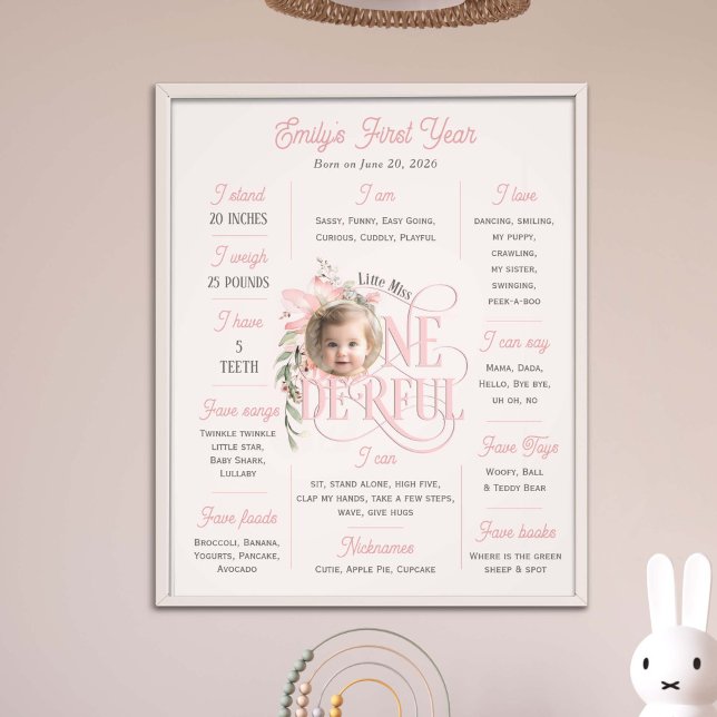 Rosa 1. Geburtstag Elegant Onederful Foto mileston (Little Miss Onederful, Baby Girl 1st Birthday MIlestone poster. Birthday keepsake, nursery decor.)