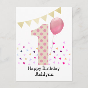 Rosa 1. Geburtstagskarte Postkarte