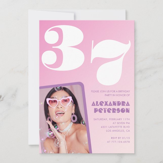 Rosa 37. Geburtstagseinladungen Retro Foto Einladung (Vorderseite)