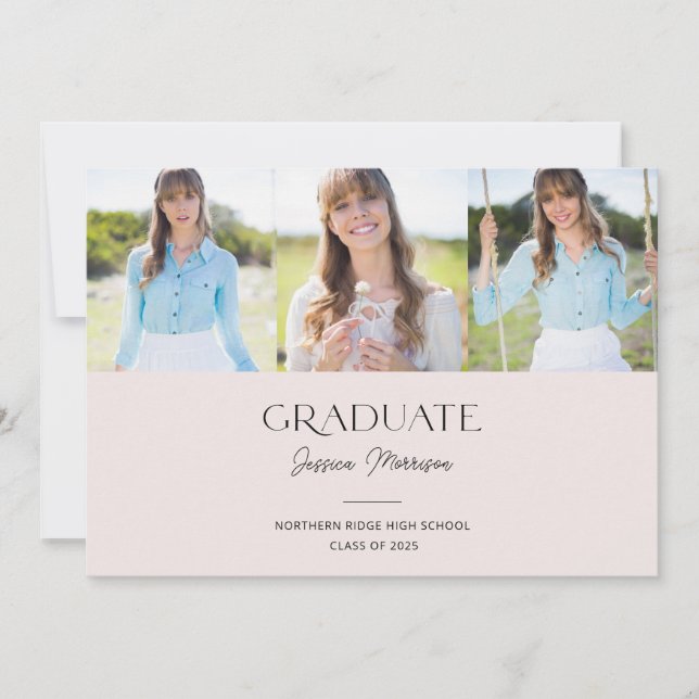 Rosa, 3-Foto-Minimalistische Graduierungsparty Einladung (Vorderseite)