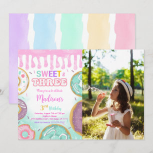Rosa 3. Geburtstag Donut Party Foto Einladung