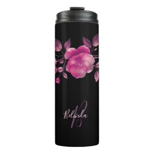 Rosa 3D-Kirschblüten Schwarzer Name Monogramm Thermosbecher