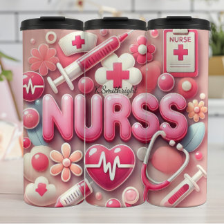 Rosa 3D-Krankenschwester-Medizin-Collage Thermosbecher