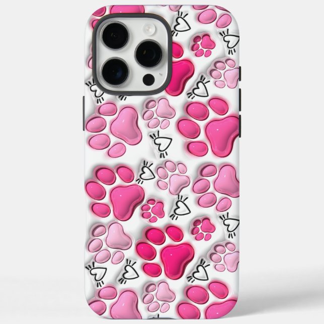 Rosa 3D Paw Prints und Herz iPhone 16 Tough Pro Max Hülle (Rückseite)
