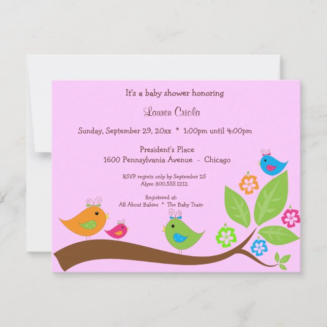 Rosa 4 Birdies und Blume Kinderdusche Einladung (Vorderseite)