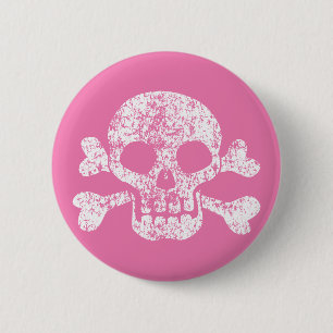 Rosa abgetragener Schädel und Kreuzknochen Knopf Button
