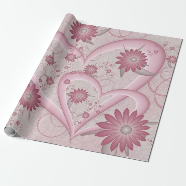 Rosa Abstrakte Herzen & Blume Liebe Fraktal Art Geschenkpapier (Ungerollt)