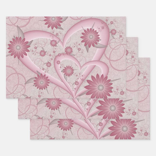 Rosa Abstrakte Herzen & Blume Liebe Fraktal Art Geschenkpapier Set (Set)