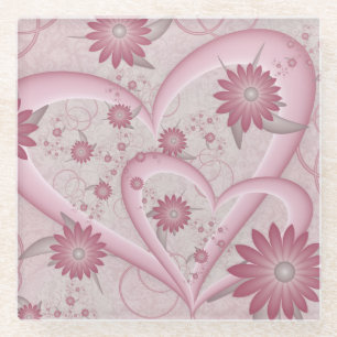 Rosa Abstrakte Herzen & Blume Liebe Fraktal Art Glasuntersetzer