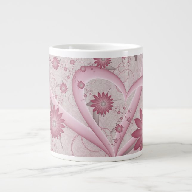 Rosa Abstrakte Herzen & Blume Liebe Fraktal Art Jumbo-Tasse (Vorderseite)