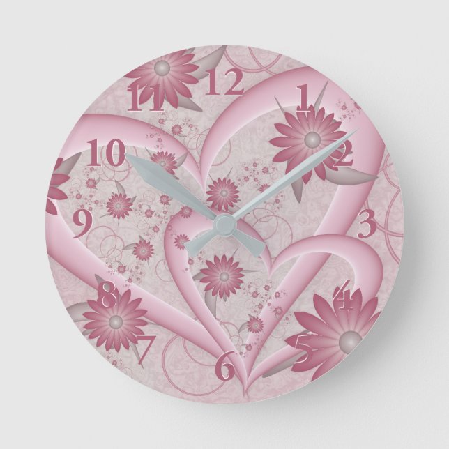 Rosa Abstrakte Herzen & Blume Liebe Fraktal Art Runde Wanduhr (Vorderseite)