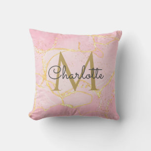 Rosa Achat-Geode Gold-Monogramm Elegantes Skript Kissen