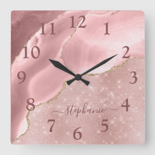 Rosa Achat Glamour Monogramm Quadratische Wanduhr