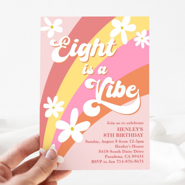Rosa acht ist ein Vibe Retro Daisy Rainbow Birthda Einladung (Von Creator hochgeladen)