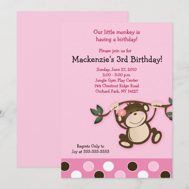 Rosa Affe Girl Birthday Einladung (Vorne/Hinten)