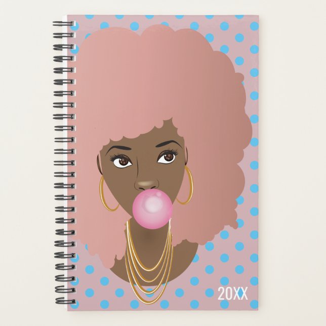 Rosa Afro, blaue Polka Punkte, bläuliches Gummipop Planer (Vorderseite)