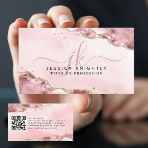 Rosa Agate Script Monogram Gold Glitzern QR Visitenkarte