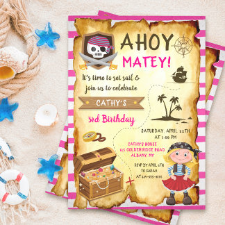Rosa Ahoy Schatzkarte Girl's Pirate Birthday Einladung