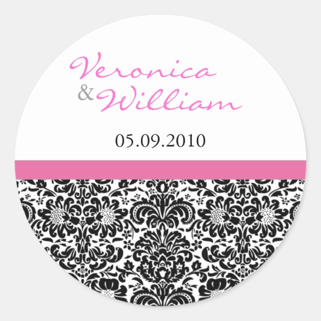 Rosa Akzente Damask Save the Date Aufkleber (Vorderseite)