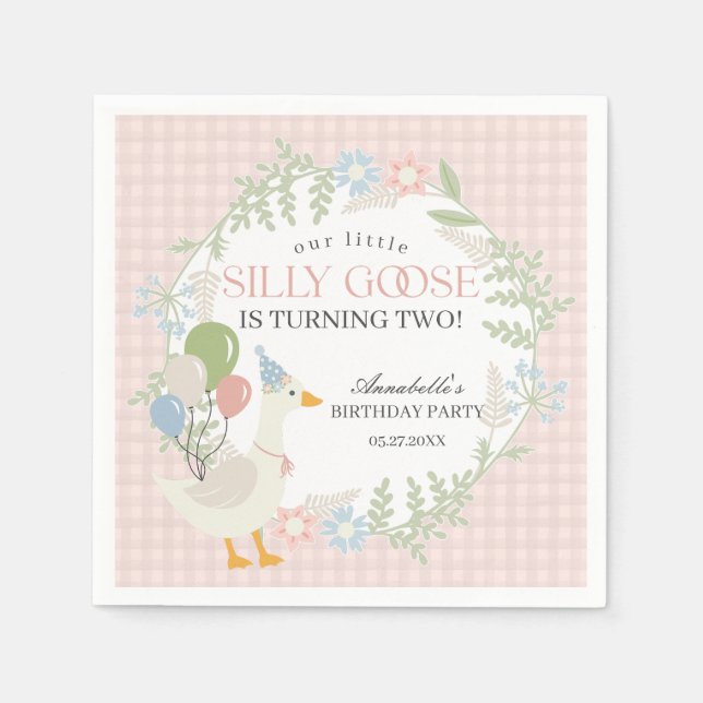 Rosa Albern Gänse Floral Gingham Birthday Serviette (Vorderseite)